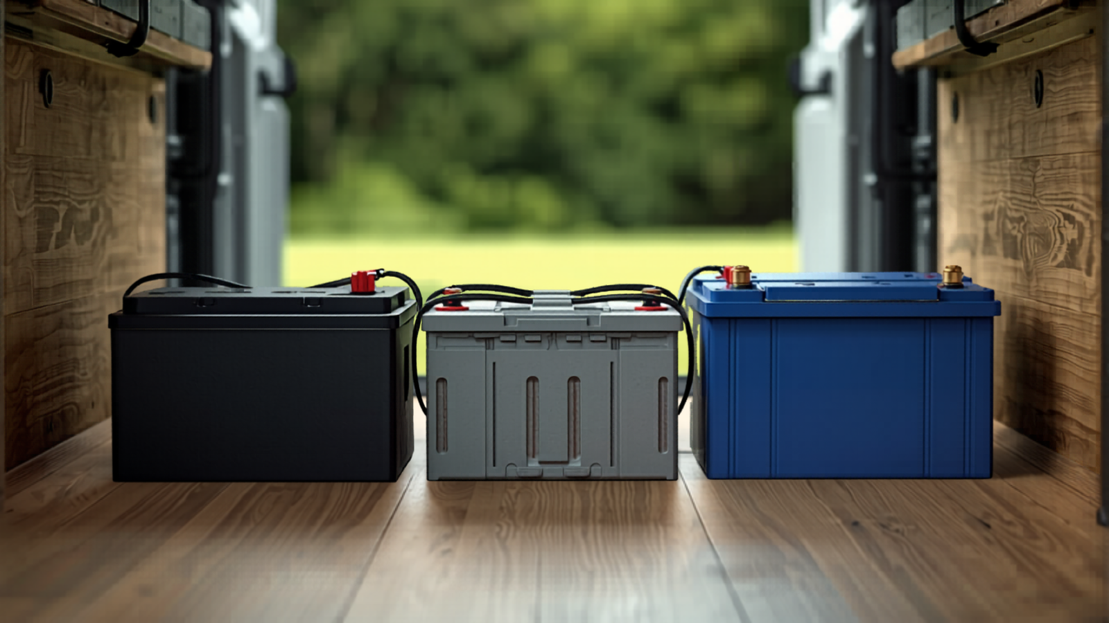 Drei Aufbaubatterien (AGM, Gel, LiFePO4) im Wohnmobil-Batteriefach