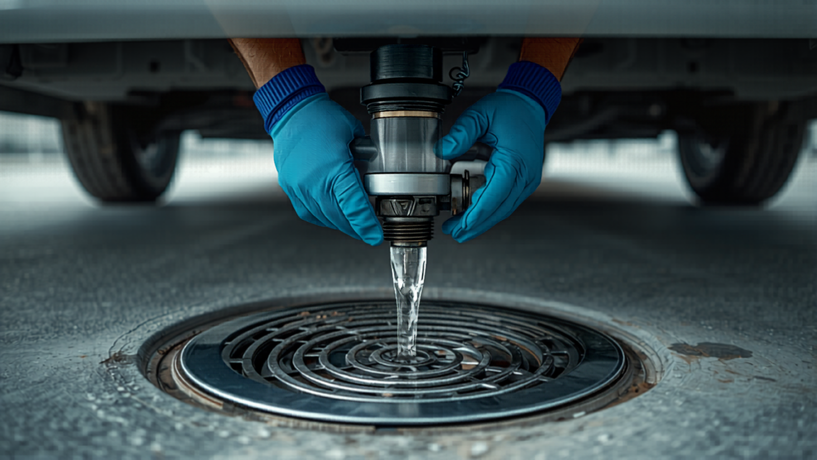 Grauwasser-Ablass am Wohnmobil an einer Entsorgungsstation