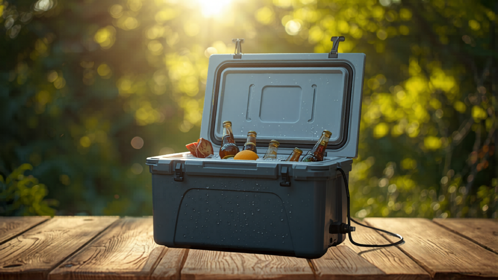 Geöffnete Camping-Kühlbox mit Getränken am sonnigen Stellplatz