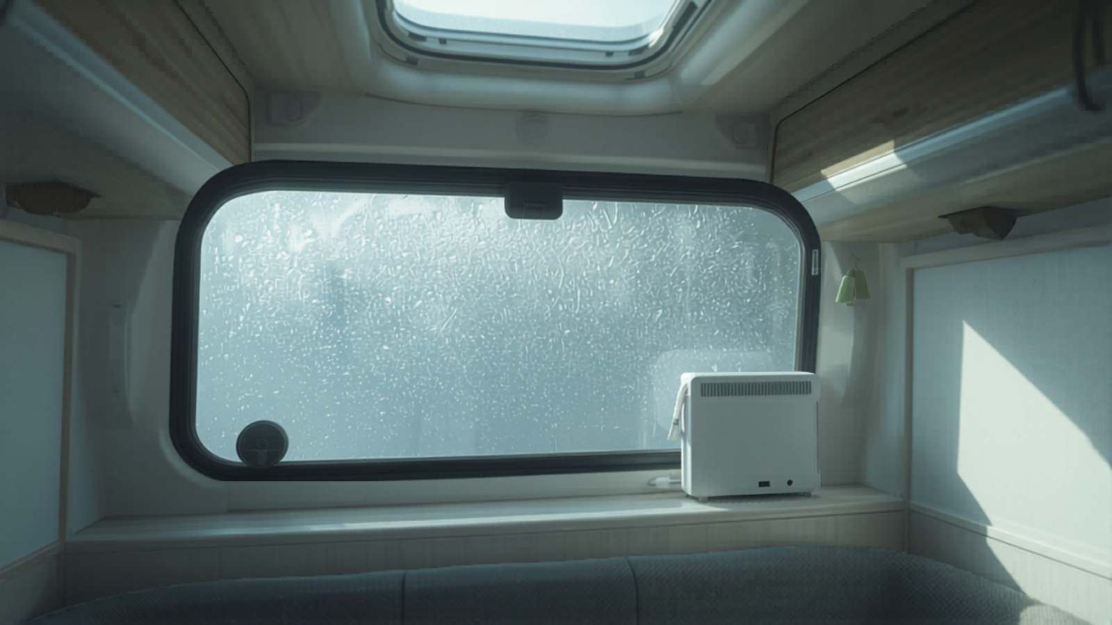 Kondenswasser am Wohnwagen-Fenster mit Luftentfeuchter und Dachhaube
