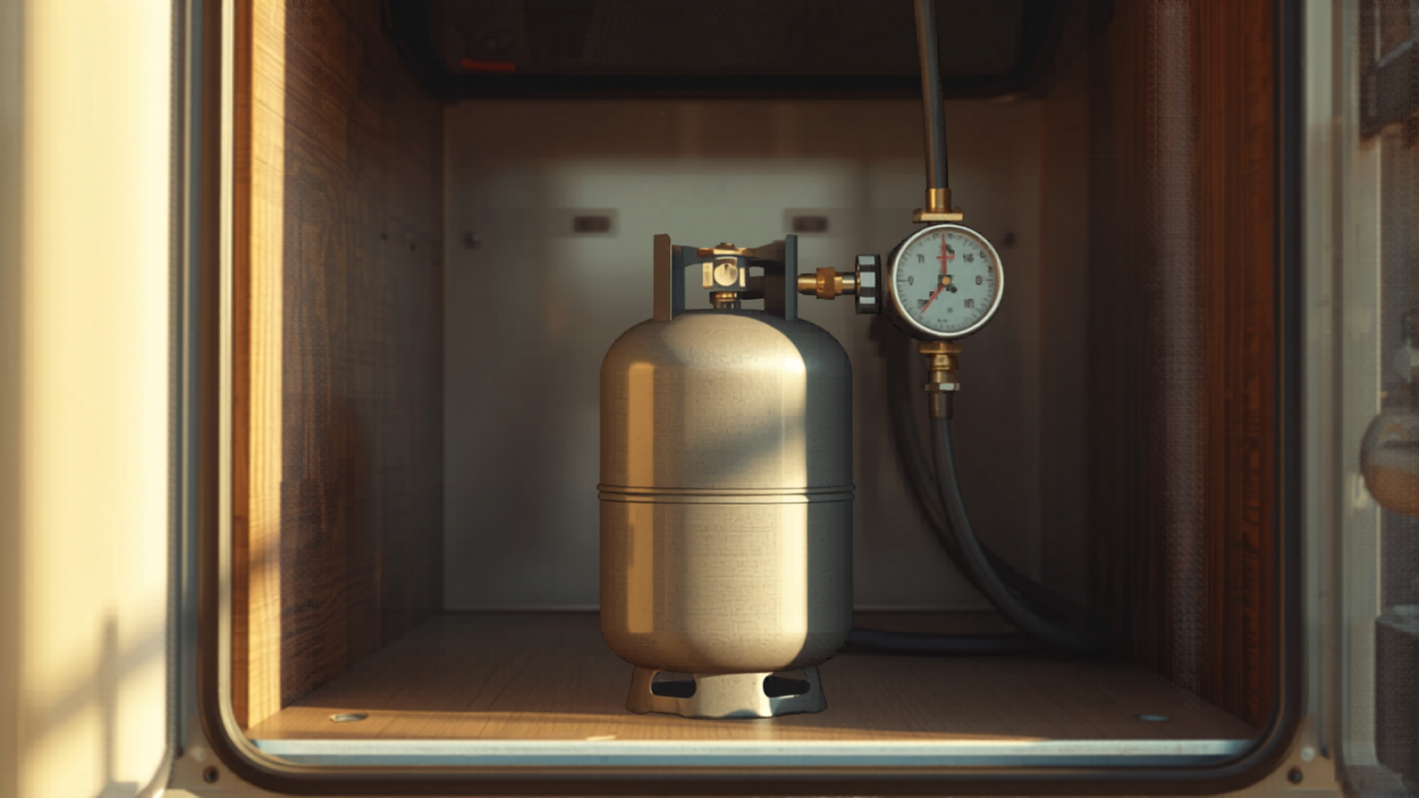 Gasflasche mit Druckregler im Gaskasten eines Wohnmobils