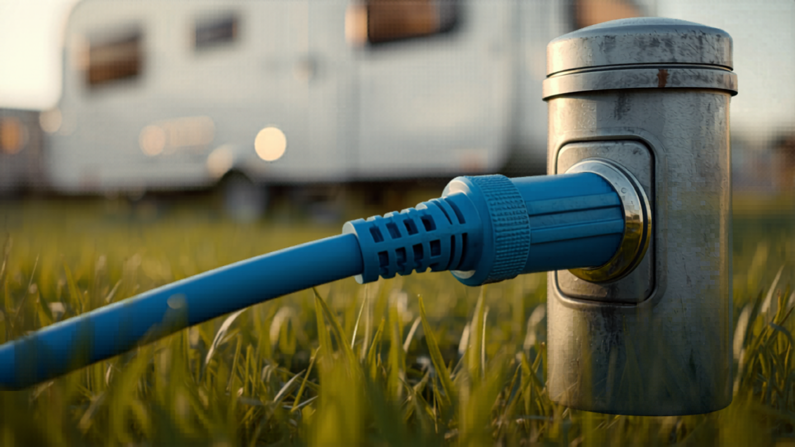 Blaues CEE-Kabel am Landstrom-Anschluss auf dem Campingplatz