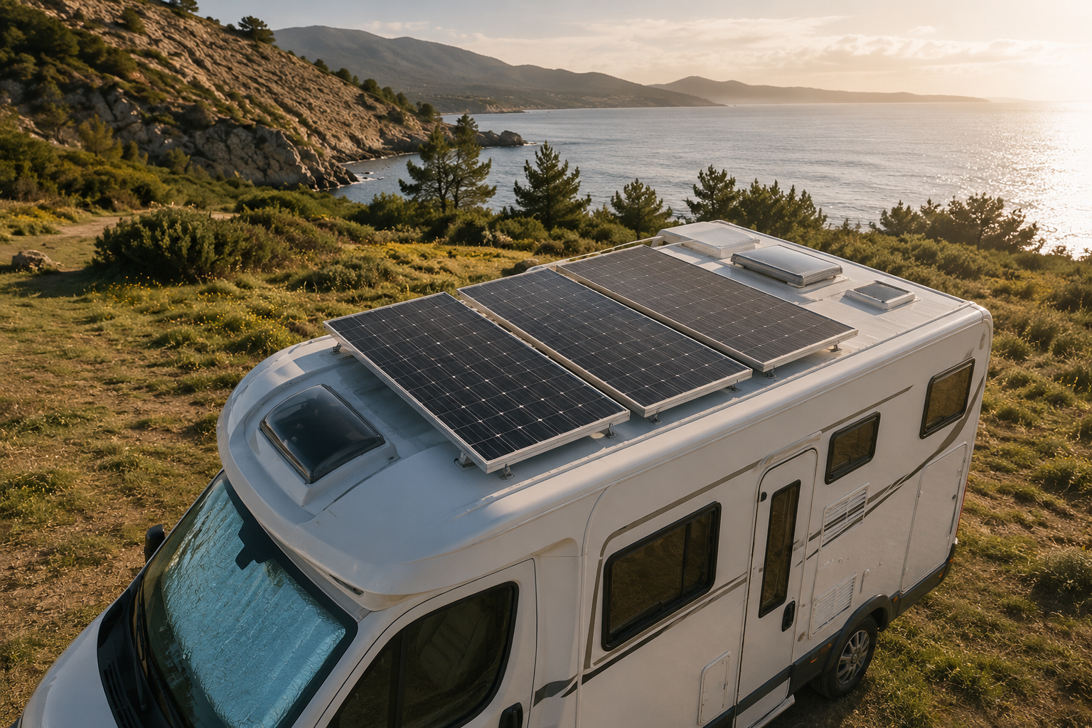 Wohnmobil mit Solarmodulen auf dem Dach – South Camping