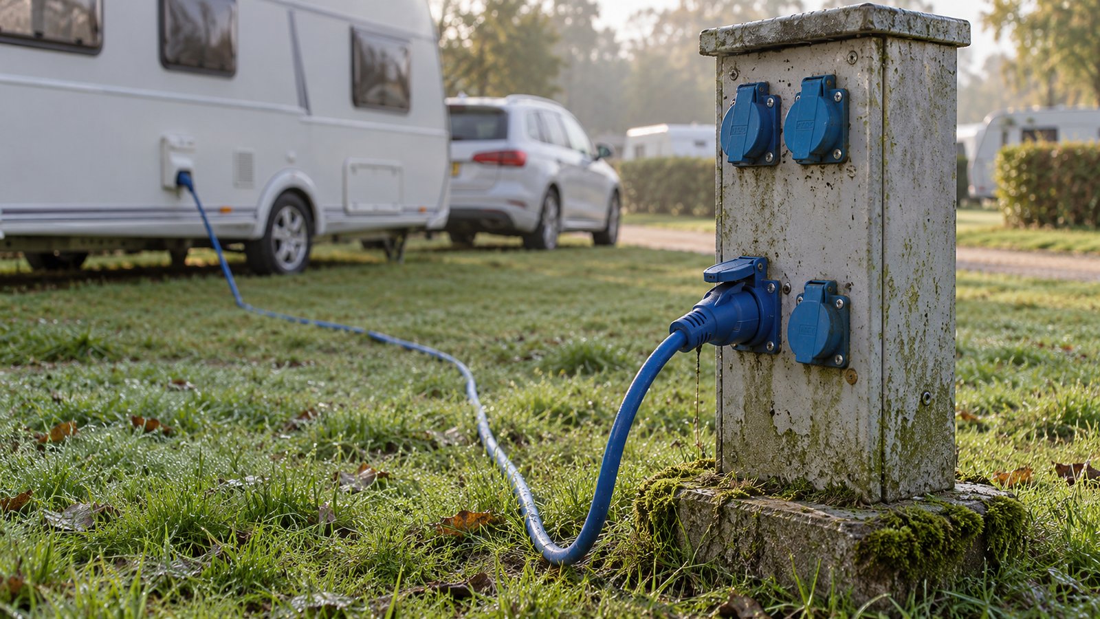 Blaues CEE-Kabel steckt in einer Stromsäule auf dem Campingplatz und führt zum Wohnwagen