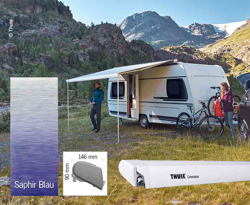 Thule Omnistor 6300, Dachmarkise, Saphir Blau, Gehäuse weiß, 450cm