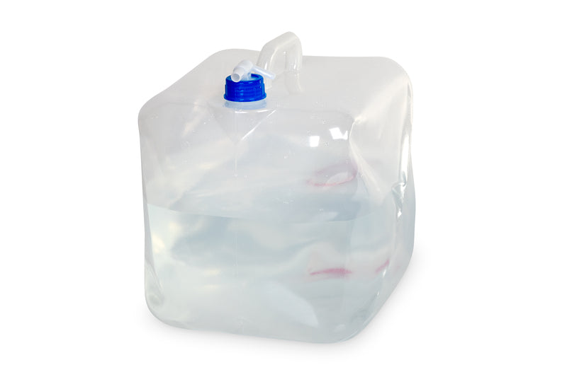 Faltkanister 20L,transparent, 28x29x29cm+5cm Griff/Hahn, Deckel blau