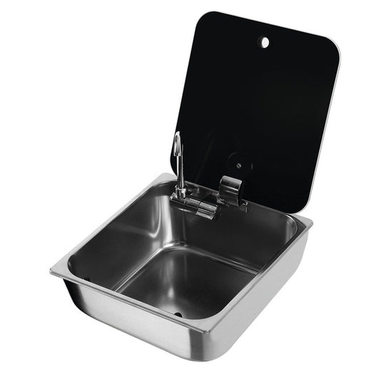 CAN Waschbecken Edelstahl eckig mit Glasabdeckung