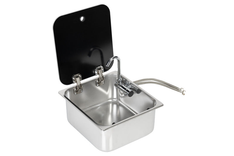 Spüle Edelstahl 322x352x150 m. Glasabdeckung+Wasserhahn