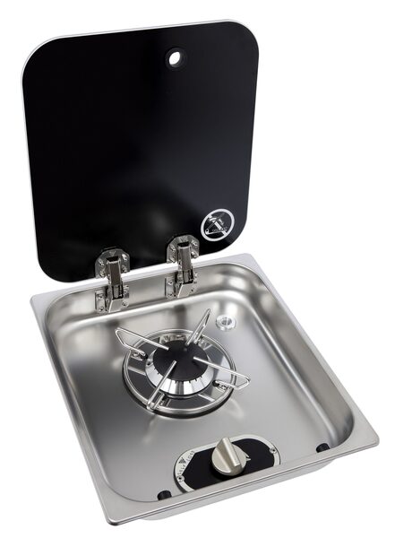 Kocher Edelstahl 1-flammig mit Glas+ASO B322xT352xH119mm,Aus310x342mm