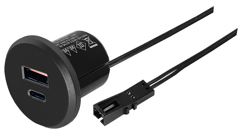 USB/-C Einbausteckdose 12/24V, 20W schwarz, 2000mm Kabel