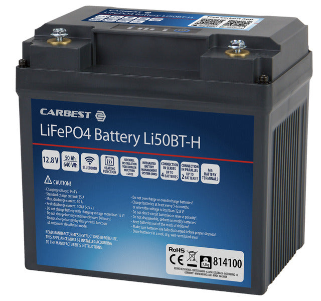 Carbest LiFePO4 Lithium-Batterie Li50BT-H mit Bluetooth und Heizfunktion - 50 Ah