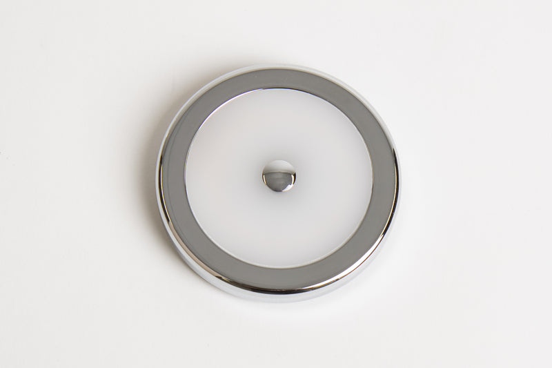 12V LED-Deckenleuchte rund, chrom glänzend, Touch-Schalter mittig