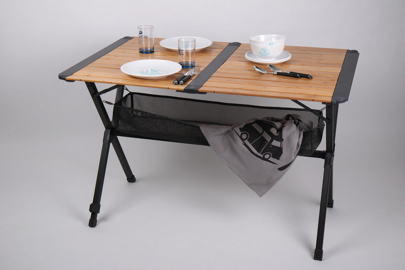 Bambus-Tisch mit Netz, Rolltisch, dunkles Aluminiumgestell