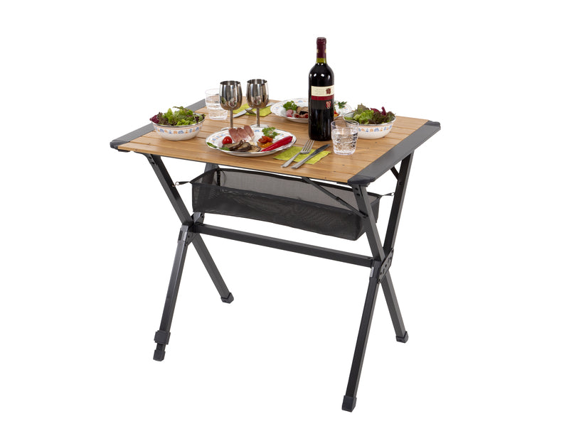 Bambus-Tisch MENDOZA 80x60, Rolltisch mit Netz, Alu-Gestell dunkelgrau