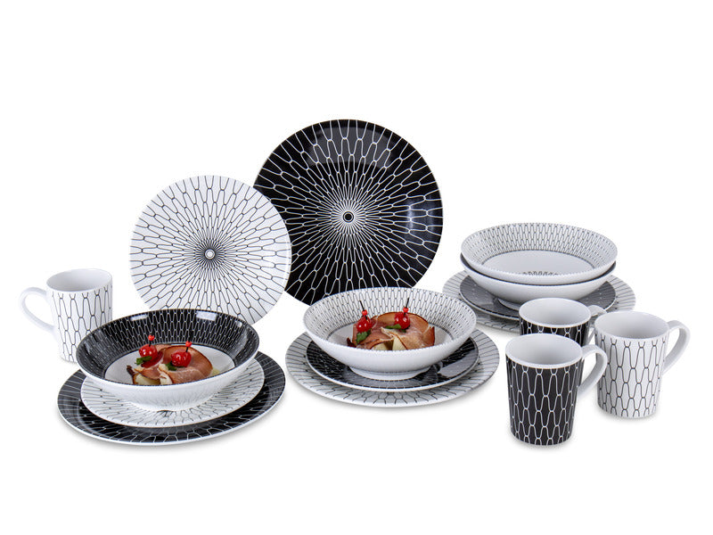 Melamin Geschirr BLACK-WHITE 16-tlg. für 4 Personen, Premium-Qualität