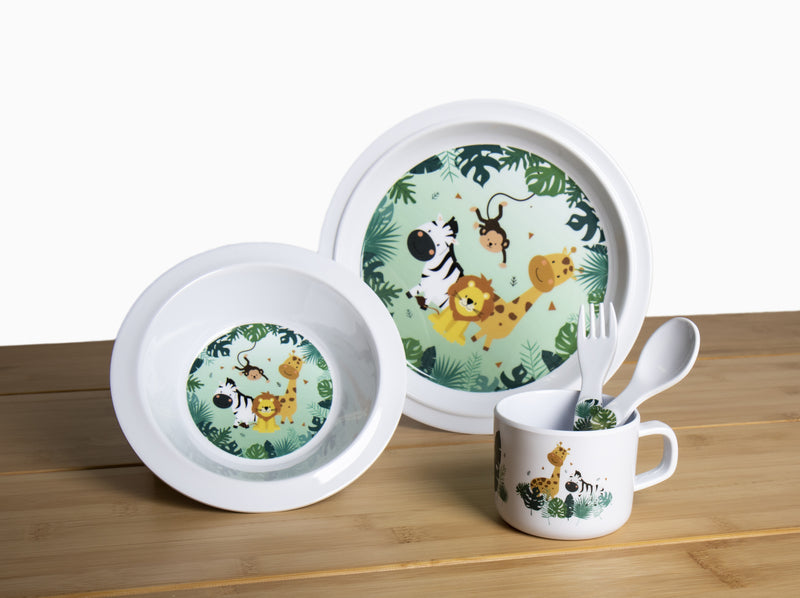 Melamin Kindergeschirr Set SAFARI, 5-tlg:Teller,Schüssel,Tasse,Besteck