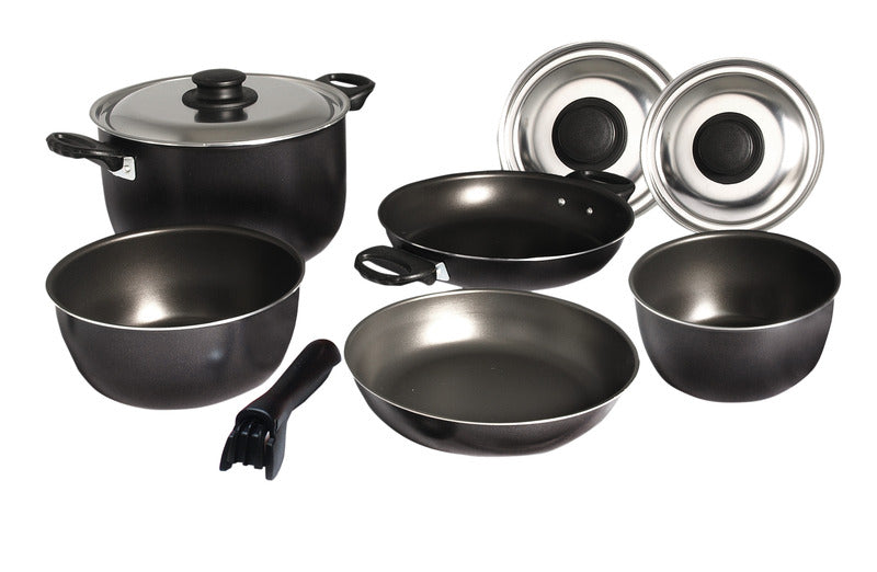 Camping-Topfset - 9-teilig - Silber/schwarz