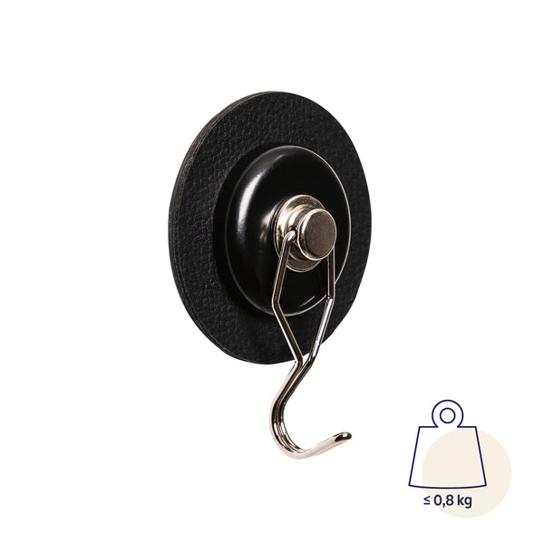 Silwy Magnet-Haken "THE ONE"+Metall-Nano-Gel-Pad BLACK,Ø6,5 cm, Lederlook