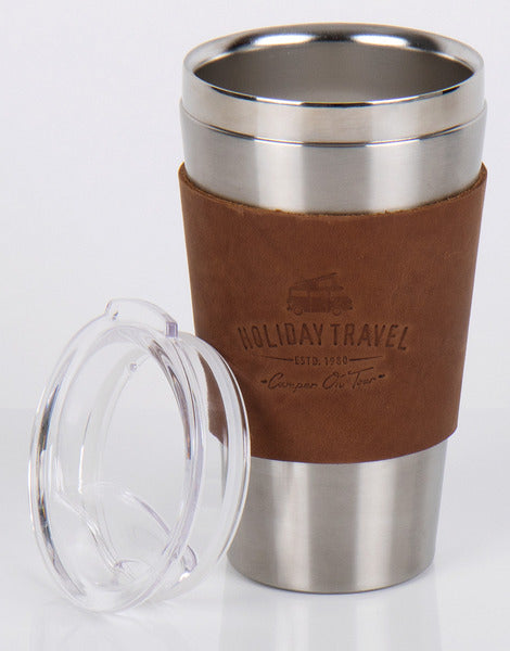 HOLIDAY TRAVEL Vacuumbecher mit Deckel, Edelstahl, 450ml, mit Ledermanschette
