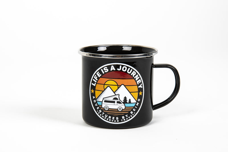 Emaille-Becher LIFE IS A JOURNEY H8cm Ã8,5cm 350ml, schwarz
