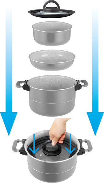 Topfset FUSION 7+1-teilig Ø22cm. Mit magnetischem Verschluss