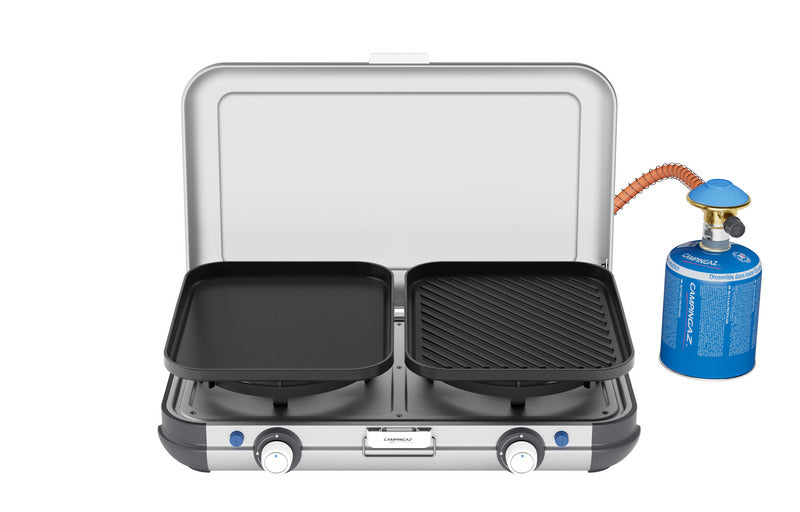 Gaskocher mit Piezozündung, 2-flammig, inkl.Schlauch,Regler,2 Grillplatten,Tasche. Edelsathl Kochfeld. Gaskartusche CV 470 Plus. Kompakter und vielseitiger Koch- &amp; Grillbegleiter