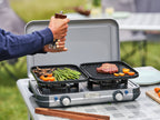 Gaskocher mit Piezozündung, 2-flammig, inkl.Schlauch,Regler,2 Grillplatten,Tasche. Edelsathl Kochfeld. Gaskartusche CV 470 Plus. Kompakter und vielseitiger Koch- &amp; Grillbegleiter